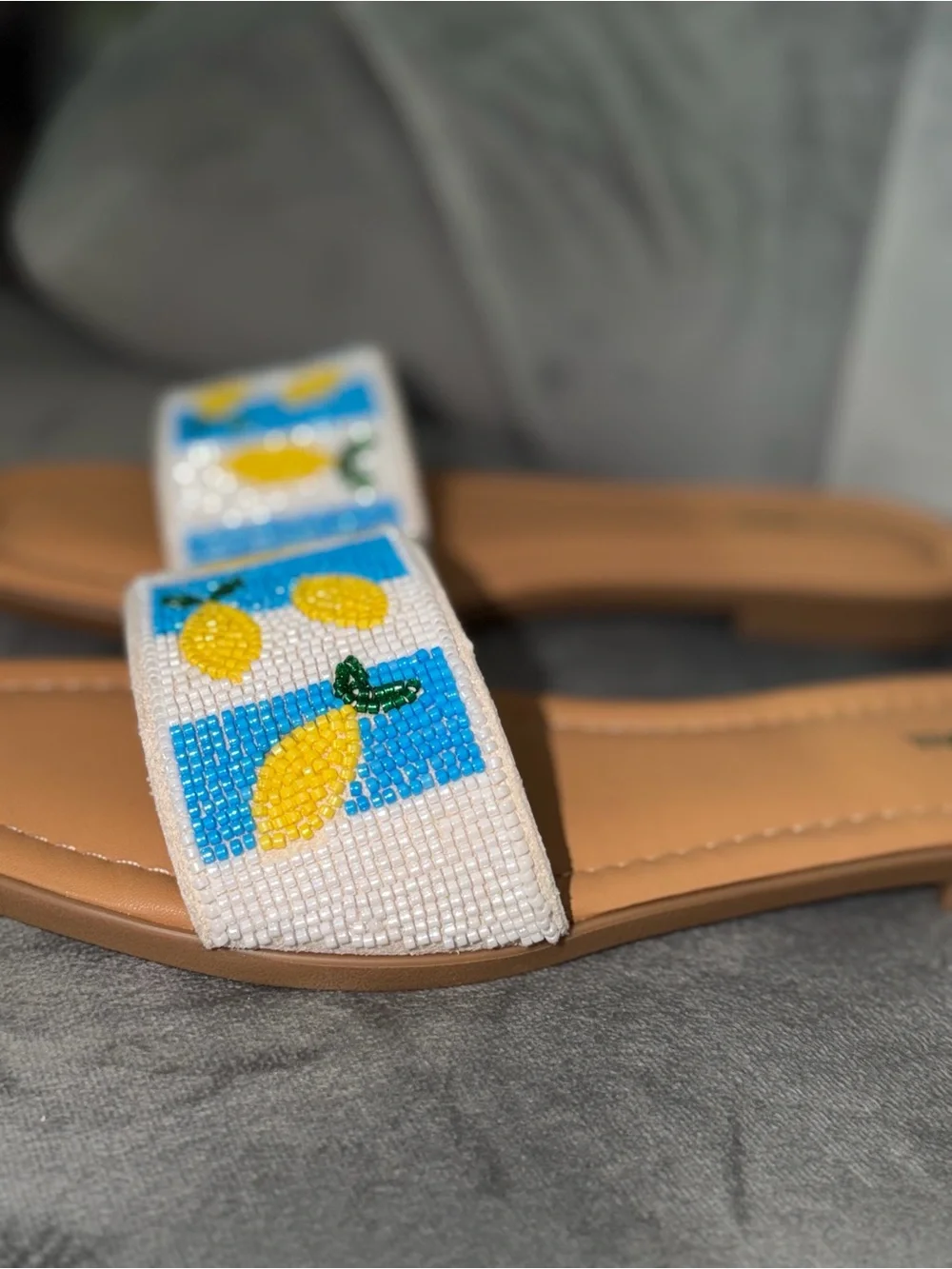 Fashion Nova Lemon Beaded Slide Sandals Size 11 Coastal Italian Summer NWT